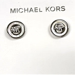 NEW MICHAEL KORS SILVER TONE, "MK" LOGO, MOP,CRYSTALS,DISC STUD EARRINGS MKJ7765 - Picture 1 of 3