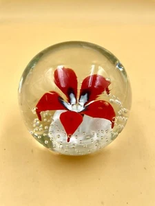 TD Wheaton Village Art Glass Paperweight Control Bubble Red Flower White Base - Picture 1 of 6
