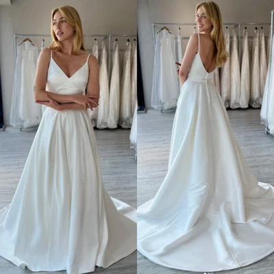 Vestidos de novia cuello en V satinado blanco marfil verano nuevos 2025 botones vestidos de novia Foto 1 de 4