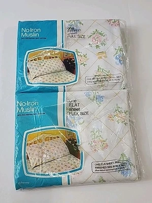NOS Vintage JCPenney No Iron Muslin Full Fitted & Flat Sheet Cross Stitch Floral - Image 1 of 4