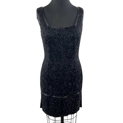 ВИНТАЖНЫЙ Олег Кассини черный галстук шелк красный бисером Flapper мини-платье разрез кромки размер 8 - Изображение 1 из 4