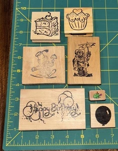 Juego de 7 estampillas de goma vintage tema cumpleaños, globo, payaso algunas nuevas, algunas usadas - Imagen 1 de 17