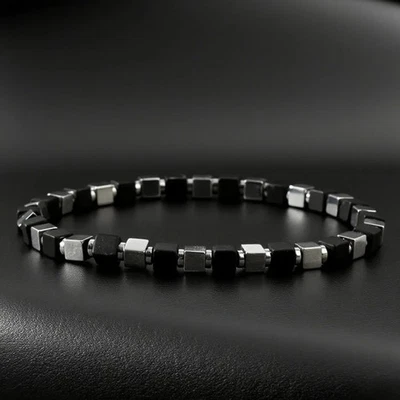Men's Black Obsidian & Hematite Stretch Bracelet Protection Healing Jewelry Gift - Image 1 of 2