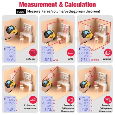 3-in-1 Tape Measure 5M Tape + 60M Distance Meter Yellow CJY007 - Image 1 of 4
