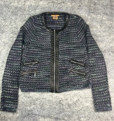 Tory Burch Wool Blend Sweater Womans XL Full Zip Leather Trim Mohair Glitter - Image 1 of 4