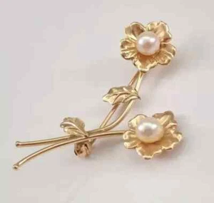 1Ct Round Cut Genuine Pearl Antique Vintage Estate Brooch 14K Yellow Gold Plated - Picture 1 of 7