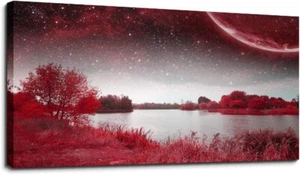 Wall Art Decor Poster Living Room Abstract Red Tree Moon Starry Sky Red Landscap - Picture 1 of 6
