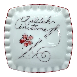 Vintage Trinket Box "A Stitch In Time " Ruffle Edge Porcelain Made in Japan - Picture 1 of 8