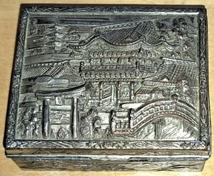 Antique Japanese Cigarette Box with Pagoda Scene - Silvered Copper  - Picture 1 of 7