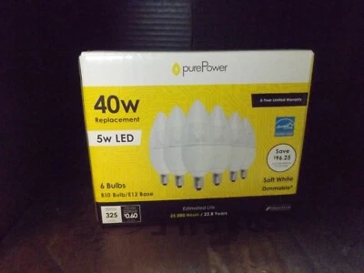 purePower Lighting 5 W  LED 40 W Replacement- E12 Base B10 Bulb - 6 Piece - Image 1 of 4