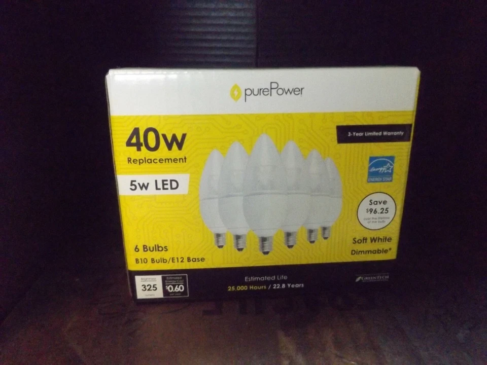purePower Lighting 5 W  LED 40 W Replacement- E12 Base B10 Bulb - 6 Piece - Image 1 of 4