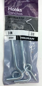 2PK HILLMAN 3 in Zinc-Plated Steel Hooks and Eyes Screen Door Gate Fence 491034 - Picture 1 of 1