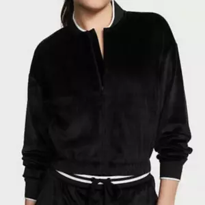 VICTORIA'S SECRET Black/White Velour Velvet Ribbed Bomber Jacket SZ XL**NEW! - Picture 1 of 1
