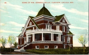 Postal vintage hogar de WM. Jennings Bryan Fairview Lincoln Nebraska - Imagen 1 de 2