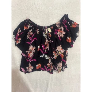 Japna Floral Off Shoulder Top Black Orange Pink Ruffle Womens Large - Picture 1 of 2