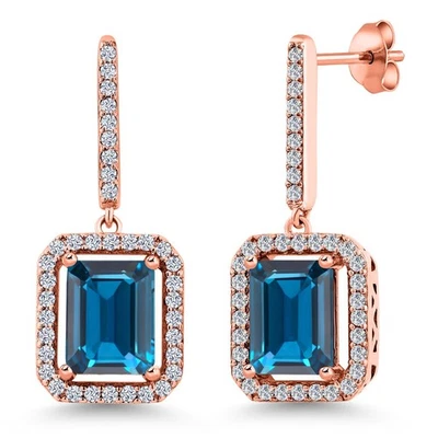 6.38 Ct Emerald Cut London Blue Topaz 18K Rose Gold Plated Silver Earrings - Image 1 of 4