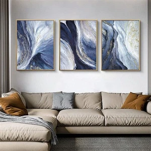 Large Framed Abstract Canvas Wall Art for Living Room-3 Pieces Navy Blue and ... - Picture 1 of 6