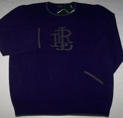 NUEVO CON ETIQUETAS Ralph Lauren PÚRPURA/GRIS 100% CACHEMIR Monograma Logo Suéter Para Mujer XL Foto 1 de 3
