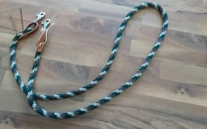 Tan/green/brown 86"Amish made HORSE POLY ROPING REINS W/ LEATHER LACES LOOP ENDS - Picture 1 of 2