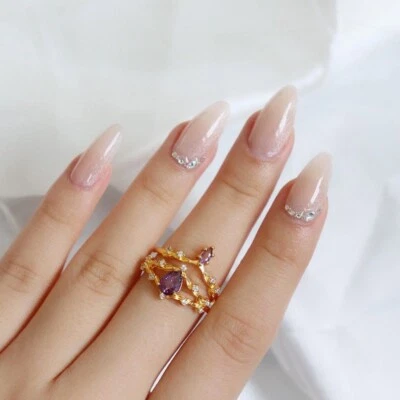 Natural African Pear Cut Amethyst 14K Gold Plated 925 Silver Engagement Ring Set - Image 1 of 4