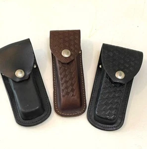 Set of 3 Sheath Pocket Knife Holder Case Leather Brown Black Snap buttons - Picture 1 of 3