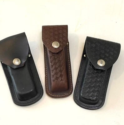Set of 3 Sheath Pocket Knife Holder Case Leather Brown Black Snap buttons - Image 1 of 3