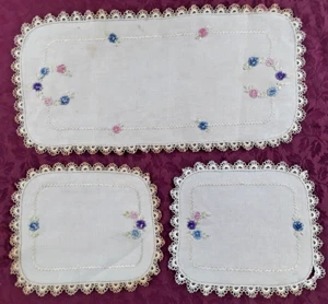 3 VTG Beige Embroidered/Crocheted Table Toppers Runner Dresser Scarves/Doilies - Picture 1 of 14
