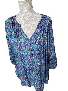 Adrienne Vittadini Womens Blue Floral 3/4 Sleeve Top BLOUSE Plus Size 2X 