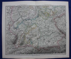 SOUTH WEST GERMANY, DEUTSCHLAND, BAYERN, original antique map, Stieler 1880 - Picture 1 of 4