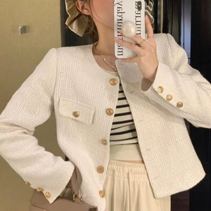 Chaqueta Abrigo Coreano Tweed Mujer Abrigo Corto de Lana Elegante Reino Unido Grande Blanco - Imagen 1 de 13