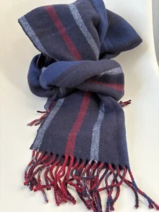 Thomas Pink Reversible Wool Men's Blue & Burgundy Fringe Striped Scarf & Box - Picture 1 of 8