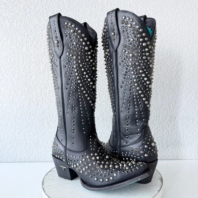 Botas de cowboy femininas Lane DOLLY 8,5 pretas cravejadas cowgirl ocidental meia panturrilha altura - Imagem 1 de 4