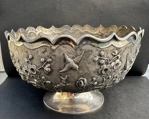 Un fino grande antiguo chino exportación cuenco de plata pájaros y decoración de flores c1920 - Imagen 1 de 18