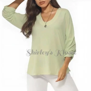 OH MY GAUZE Cotton Beachy Top Ruched Sleeve Lagenlook Light Green size 2 (L/XL) - Picture 1 of 13