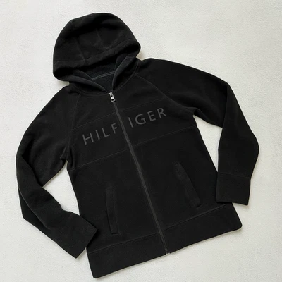 Sudadera con capucha Tommy Hilfiger para mujer negra polar con cremallera - talla L, logotipo brillante, excelente Foto 1 de 4