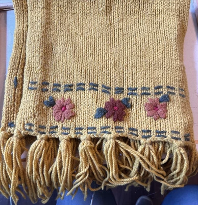 Vintage Boho Knit Designer Golden Yellow Scarf Flowers Fringe Wool Blend Italy - Image 1 of 4