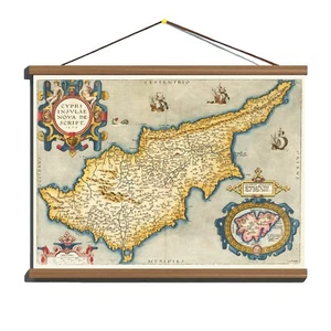 Antique Old 1573 Ancient Early Map Of Cyprus; Canvas, Magnetic Wooden Hanger - Picture 1 of 16