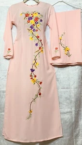 Ao Dai AT-259 Bộ Tằm Thêu Mem Ru XL Hồng Da Cam Co Tron Tay Dai Matching Pants - Picture 1 of 3