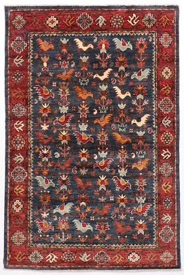 Blue 4x6 ft Birds Area Rug Wool Natural Colors Afghan Hand Knotted Rug bedroom - Image 1 of 4