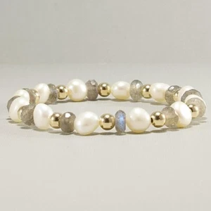 Labradorite and Pearl Bracelet – 14k Gold Filled Stretch Bracelet Luxe Gemstone - Picture 1 of 10