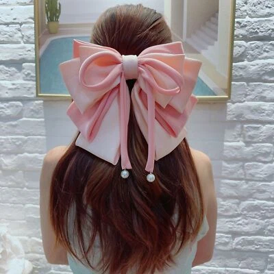 Fashion Oversize Multi Layers Pink Satin Bow Bowknot Barrettes Ponytail Clip - Image 1 of 4