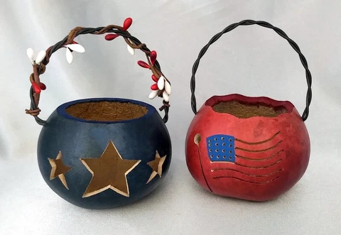 Lot (2) Patriotic Flag Themed Small Carved Gourd Baskets - Red/Blue Cover