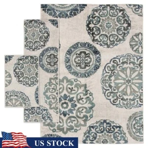 Teal Medallion 3 Piece Area Rug Set Stain Resistant Indoor Rugs Modern Design US - Picture 1 of 14