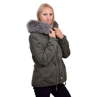 Women's Military Parka With Silver Fox Fur Hood Trim! Jacket Coat Real Fur - Image 1 of 4
