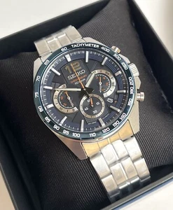 Brand New! Seiko SSB345P1 Chronograph Blue Bezel Silver Steel Watch - Picture 1 of 8