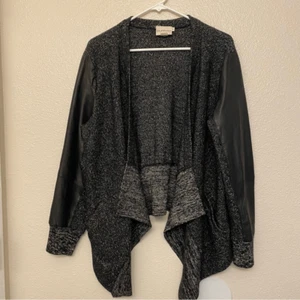Pure DKNY Open Front lamb skin Leather Sleeve sweater Cardigan wool linen M/L - Picture 1 of 11