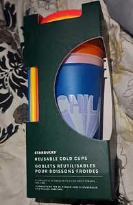 NEW STARBUCKS BRIGHT SUMMER CHILL COLLECTION SET X5 COLD CUPS STRAWS LIDS 24oz - Picture 1 of 5