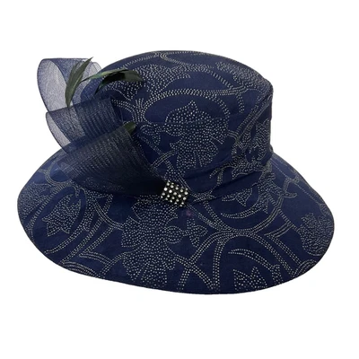 Sombrero de Colección Whittall & Shon Lana Azul Marino Plateado Brillante Arco Pluma Estrás EE. UU. Foto 1 de 4