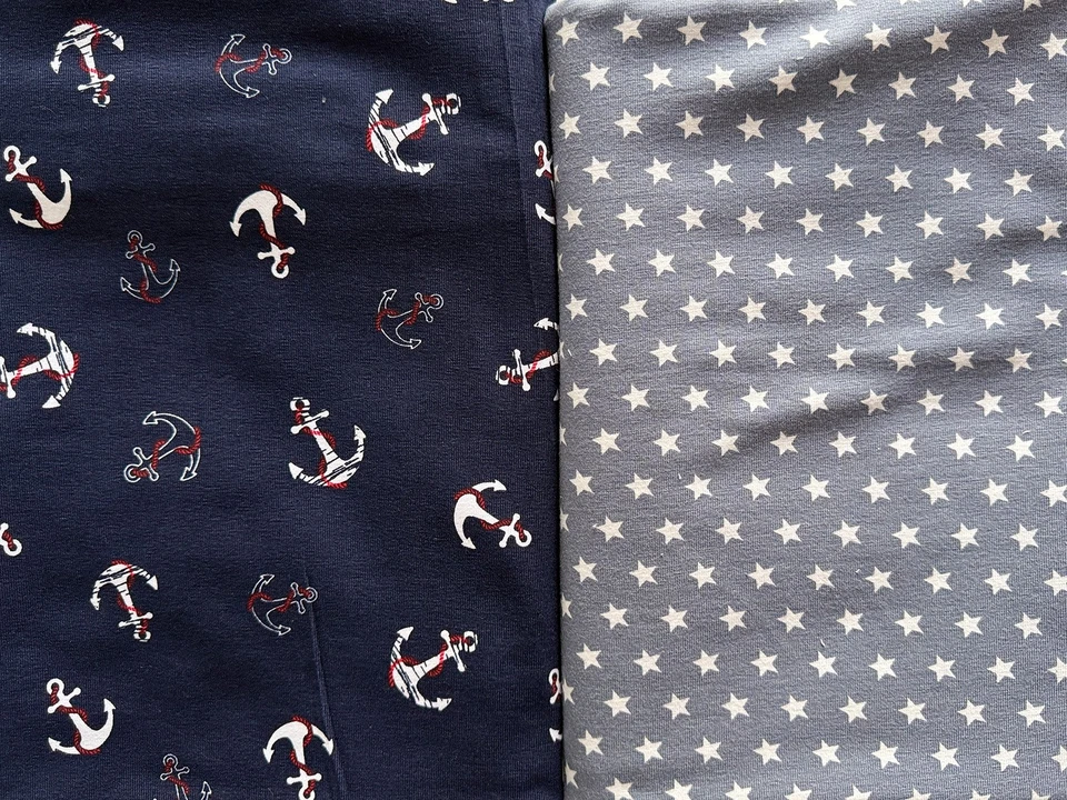 Jersey Stoff Paket Anker Sterne je 1 m Länge x volle Breite Marine Blau grau - Bild 1 von 1