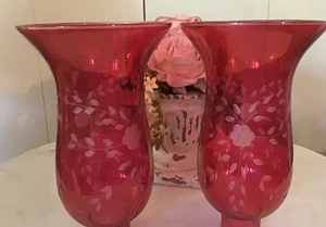 Vtg Etched Cranberry Red Glass Hurricane Chimney Lamp Shade 9”H Floral Design - Picture 1 of 4